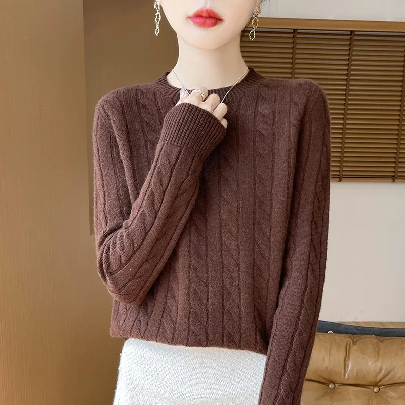 Damski sweter z dzianiny z wełny merino z okrągłym dekoltem Ka fei wq