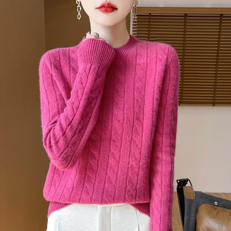 Damski sweter z dzianiny z wełny merino z okrągłym dekoltem Mei hong wq