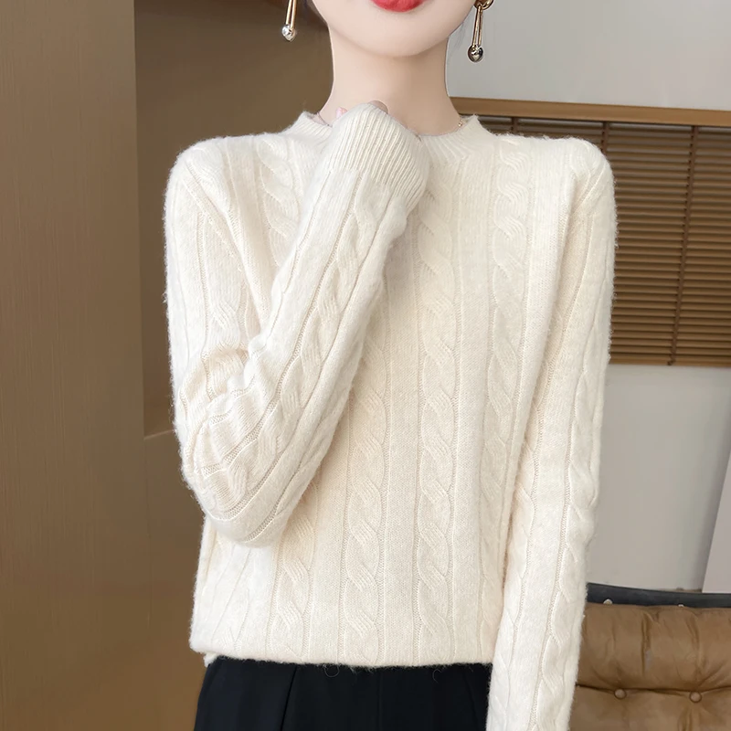 Damski sweter z dzianiny z wełny merino z okrągłym dekoltem Mi wq