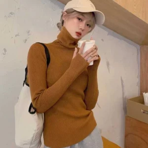 Damski sweter z golfem w stylu koreańskim w jednolitym kolorze Caramel