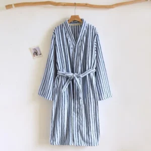Damski szlafrok kimono w paski z miękkiego polaru — japoński styl Armijna zieleń