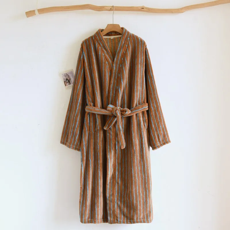 Damski szlafrok kimono w paski z miękkiego polaru — japoński styl Zielony