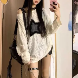 Damski T-shirt oversize w stylu Y2K z gwiazdami Biały