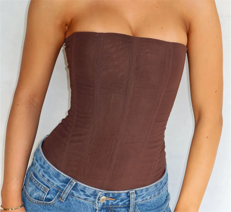 Damski top bandeau bez ramiączek Y2K Beżowy