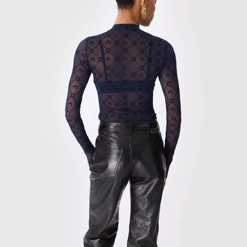 Damski top z siateczką i wycięciami koreański slim fit Beżowy