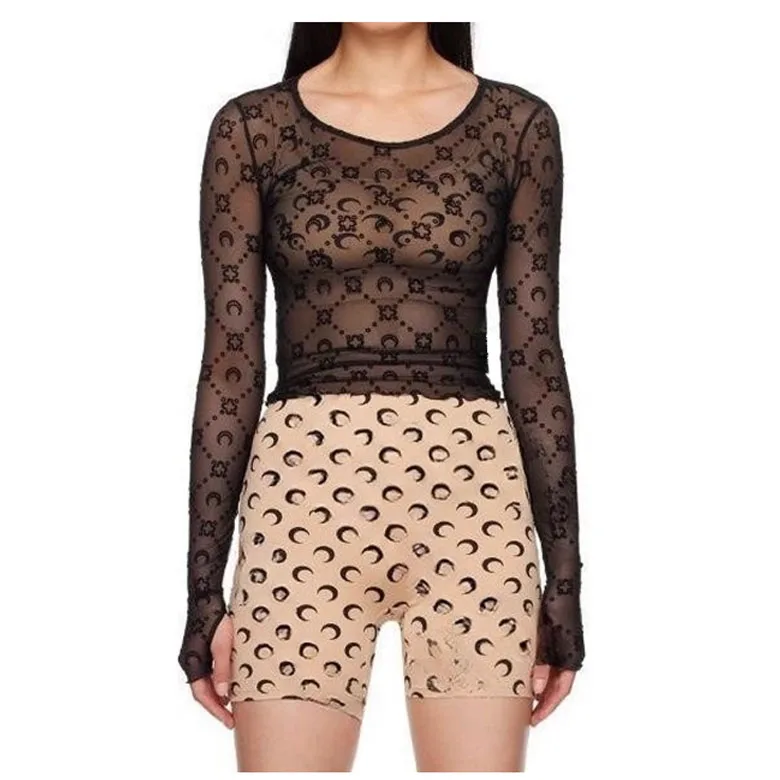 Damski top z siateczką i wycięciami koreański slim fit Brązowy