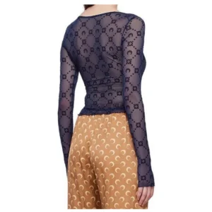 Damski top z siateczką i wycięciami koreański slim fit Niebieski