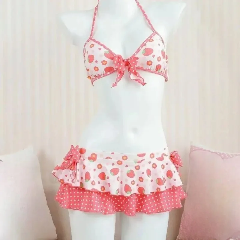 Damski zestaw bikini Y2K Kawaii z falbanami i spódniczką Czekolada