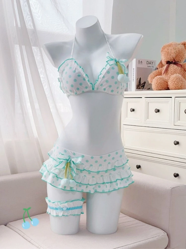 Damski zestaw bikini Y2K Kawaii z falbanami i spódniczką Czerwony