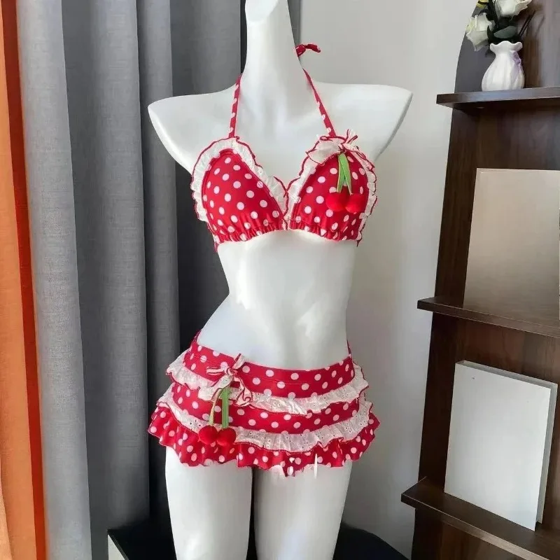 Damski zestaw bikini Y2K Kawaii z falbanami i spódniczką Głęboki niebieski
