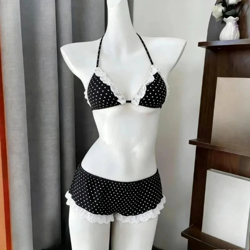 Damski zestaw bikini Y2K Kawaii z falbanami i spódniczką Jasny brąz