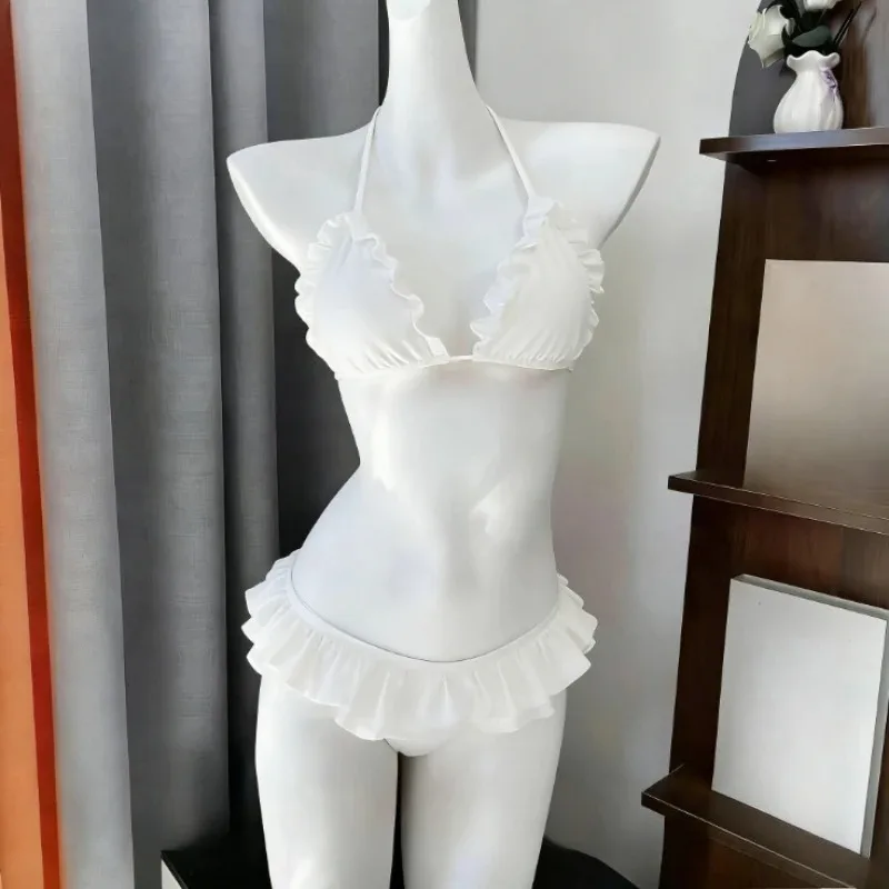 Damski zestaw bikini Y2K Kawaii z falbanami i spódniczką Mleczny