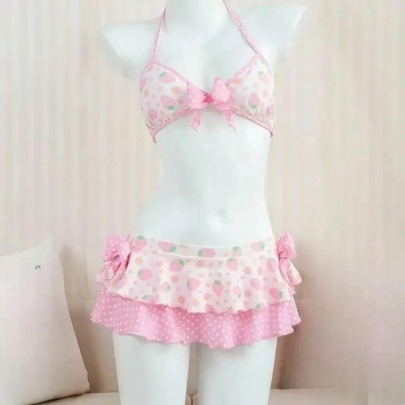 Damski zestaw bikini Y2K Kawaii z falbanami i spódniczką Zielony