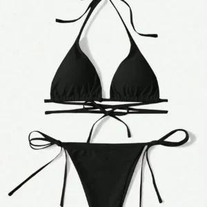 Damskie bikini w jednolitym kolorze z troczkami Czarny