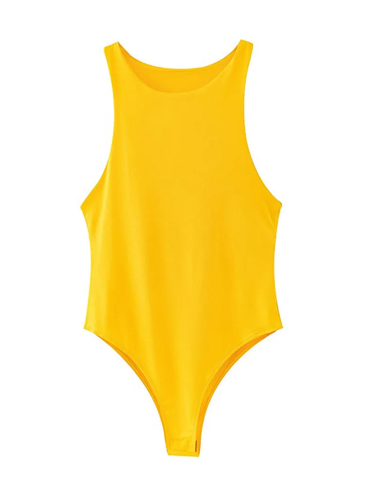 Damskie body bodycon bez rękawów — dopasowany letni kombinezon żółty