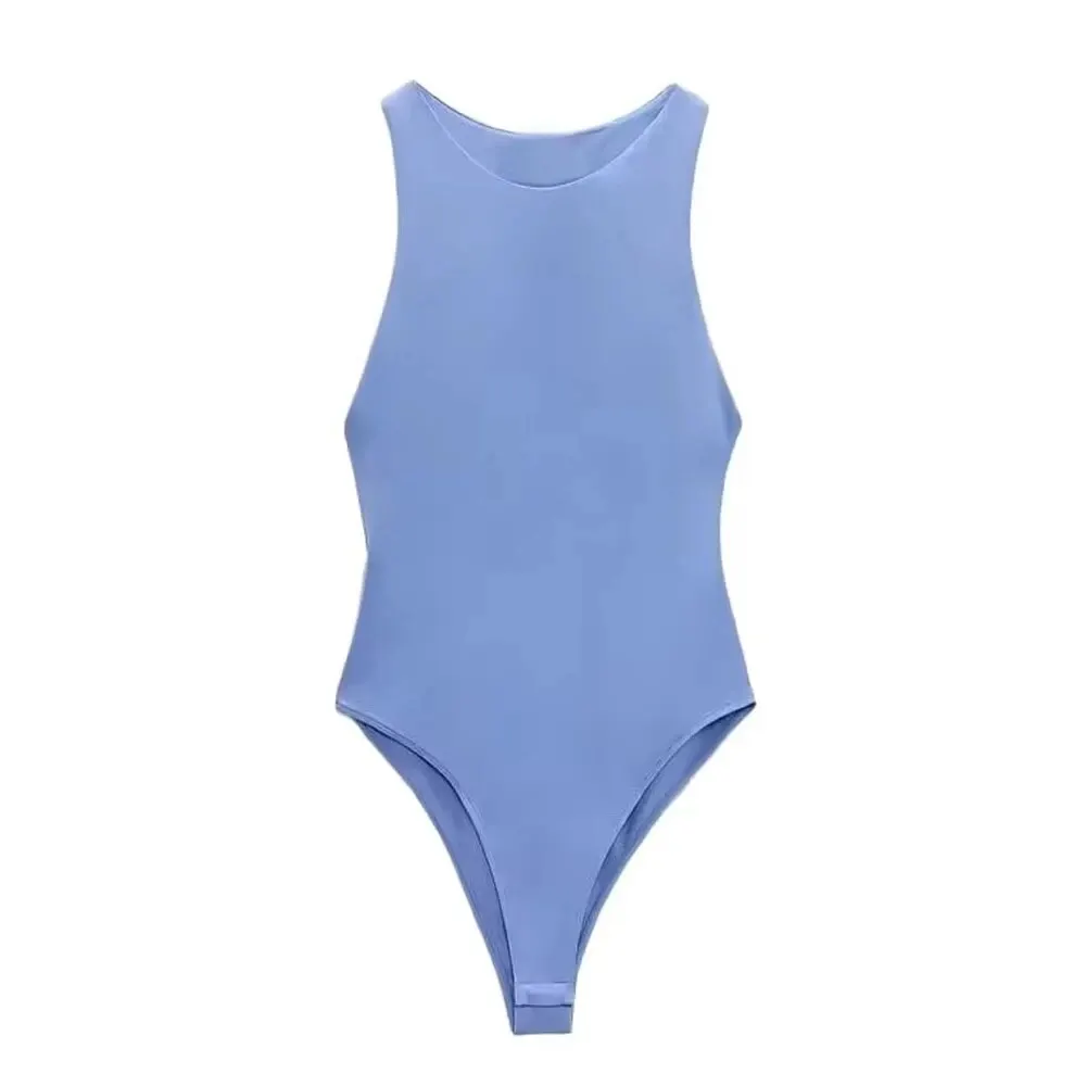 Damskie body z dekoltem halter, dopasowane bezrękawniki na zatrzaski Niebieski