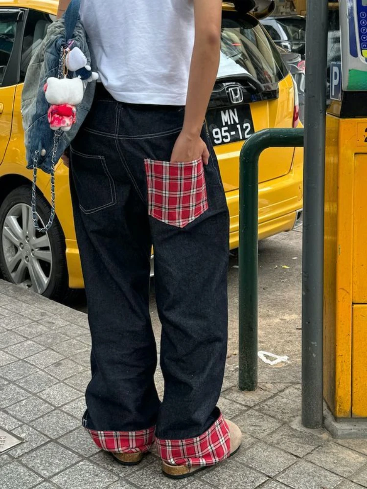 Damskie dżinsy z kratą w stylu retro z szerokimi nogawkami Beżowy