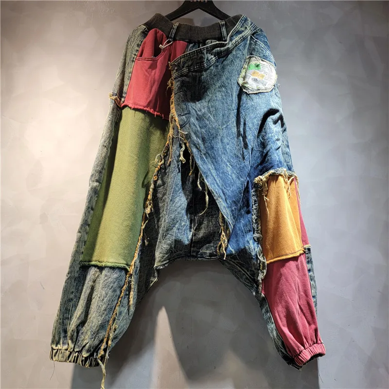 Damskie jeansy asymetryczne dwukolorowe luźne duże rozmiary Niebieski