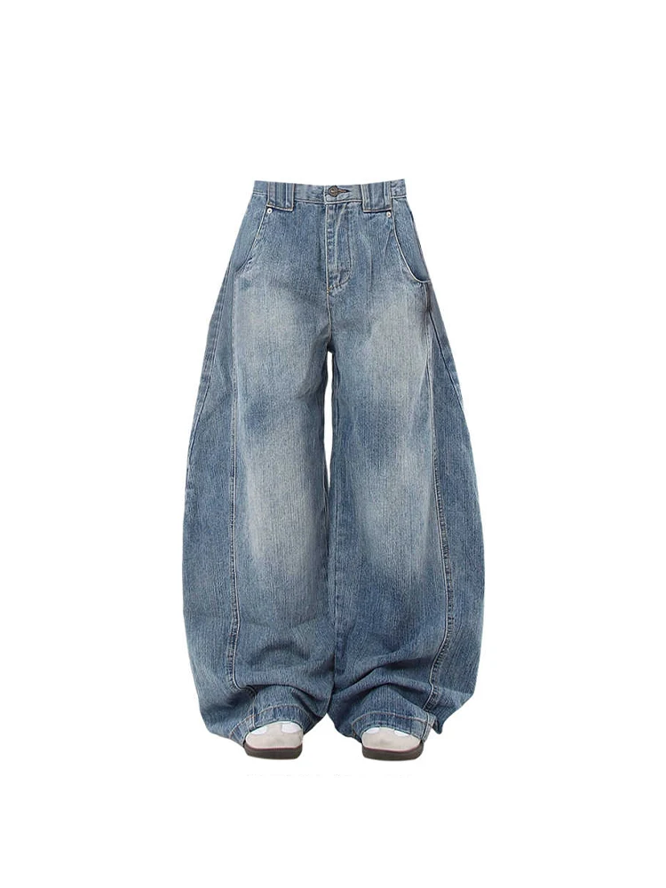 Damskie jeansy baggy Y2K z wysokim stanem w stylu vintage Niebieski
