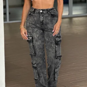 Damskie jeansy cargo Y2K vintage z wieloma kieszeniami Ciemnoszary