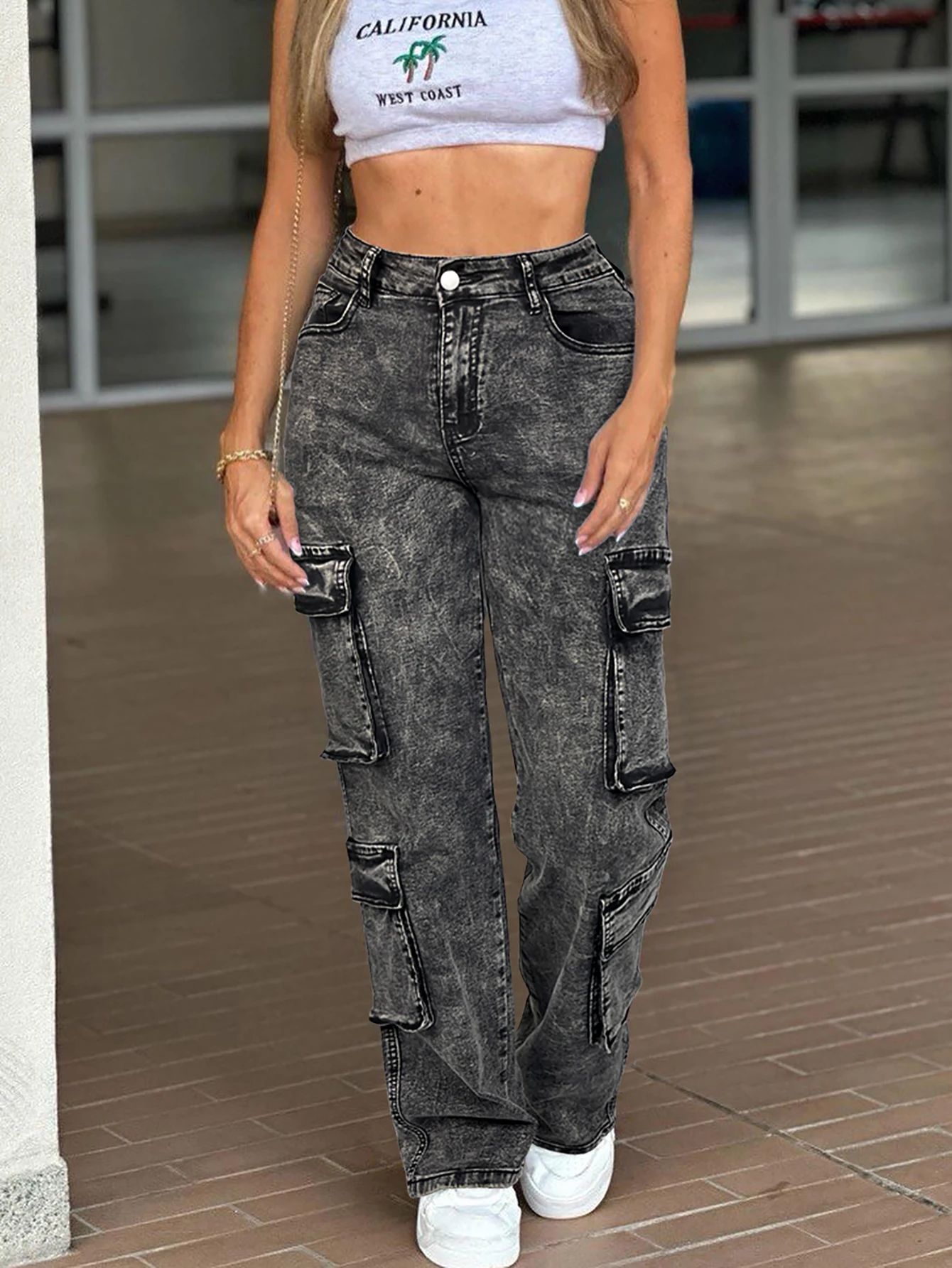 Damskie jeansy cargo Y2K vintage z wieloma kieszeniami Ciemnoszary