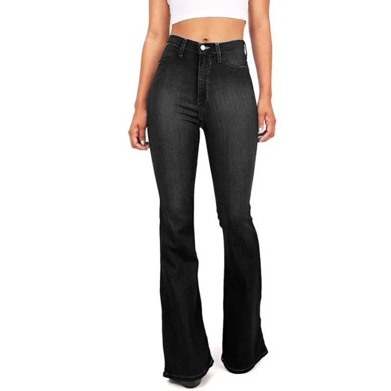Damskie jeansy dzwony z wysokim stanem plus size Czarny