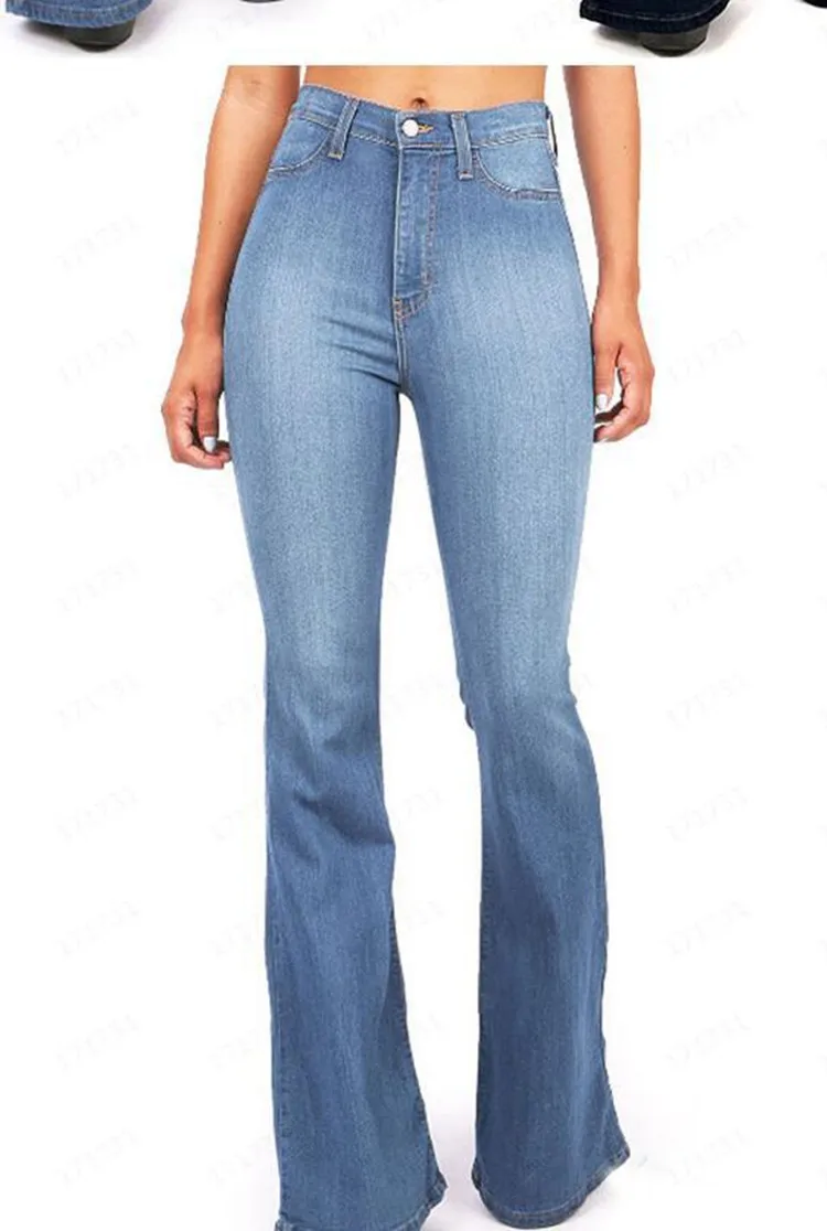 Damskie jeansy dzwony z wysokim stanem plus size Niebieski