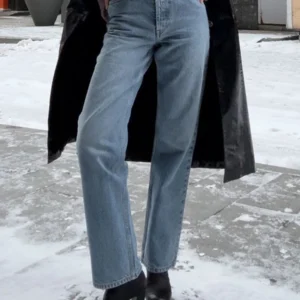 Damskie jeansy retro z wysokim stanem i prostymi nogawkami Niebieski