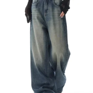 Damskie jeansy vintage z wysokim stanem i guzikiem Niebieski
