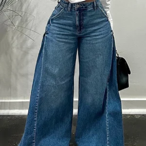 Damskie jeansy vintage Y2K z szerokimi nogawkami i dzwonami do ziemi Niebieski