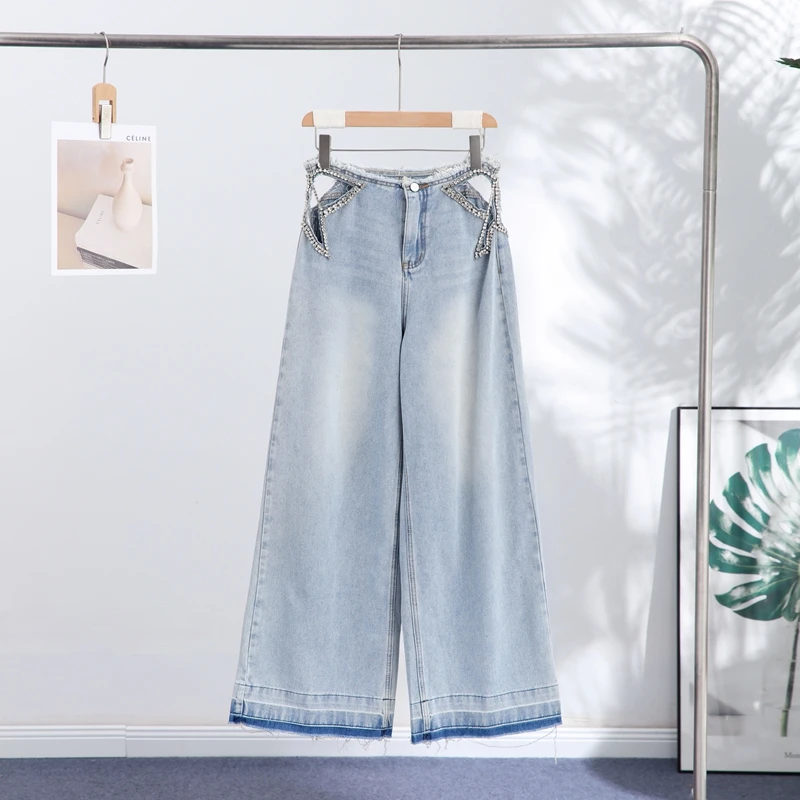Damskie jeansy z wycięciami i dżetami high street Beżowy