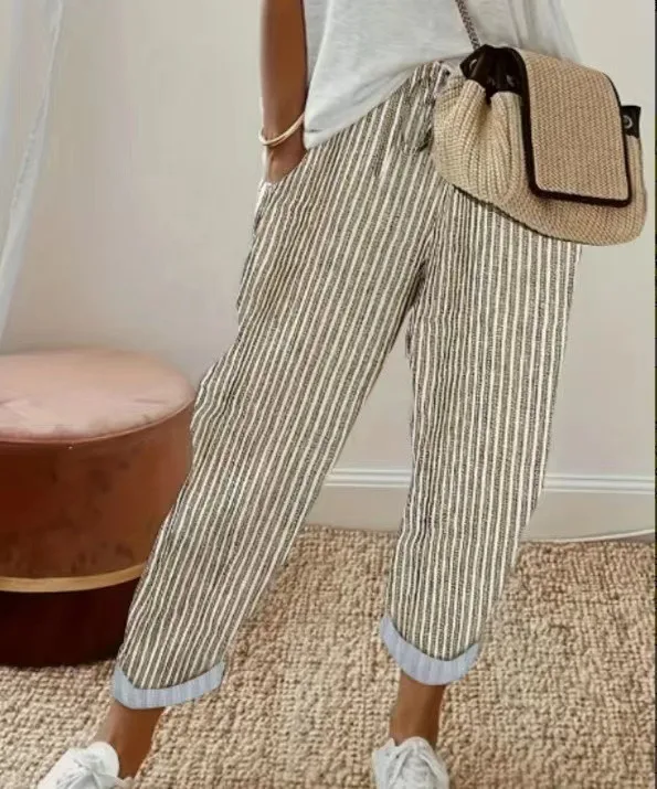 Damskie letnie spodnie w paski z wiązaniem Khaki