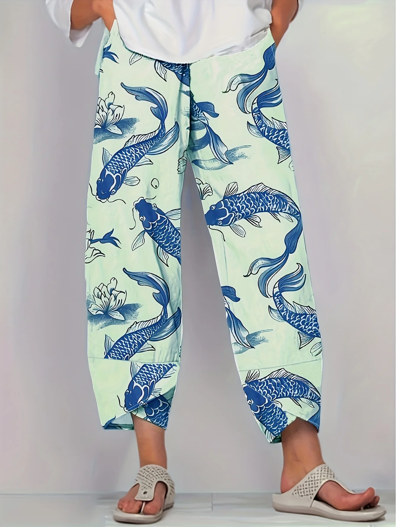 Damskie letnie spodnie plus size z nadrukiem Beżowy
