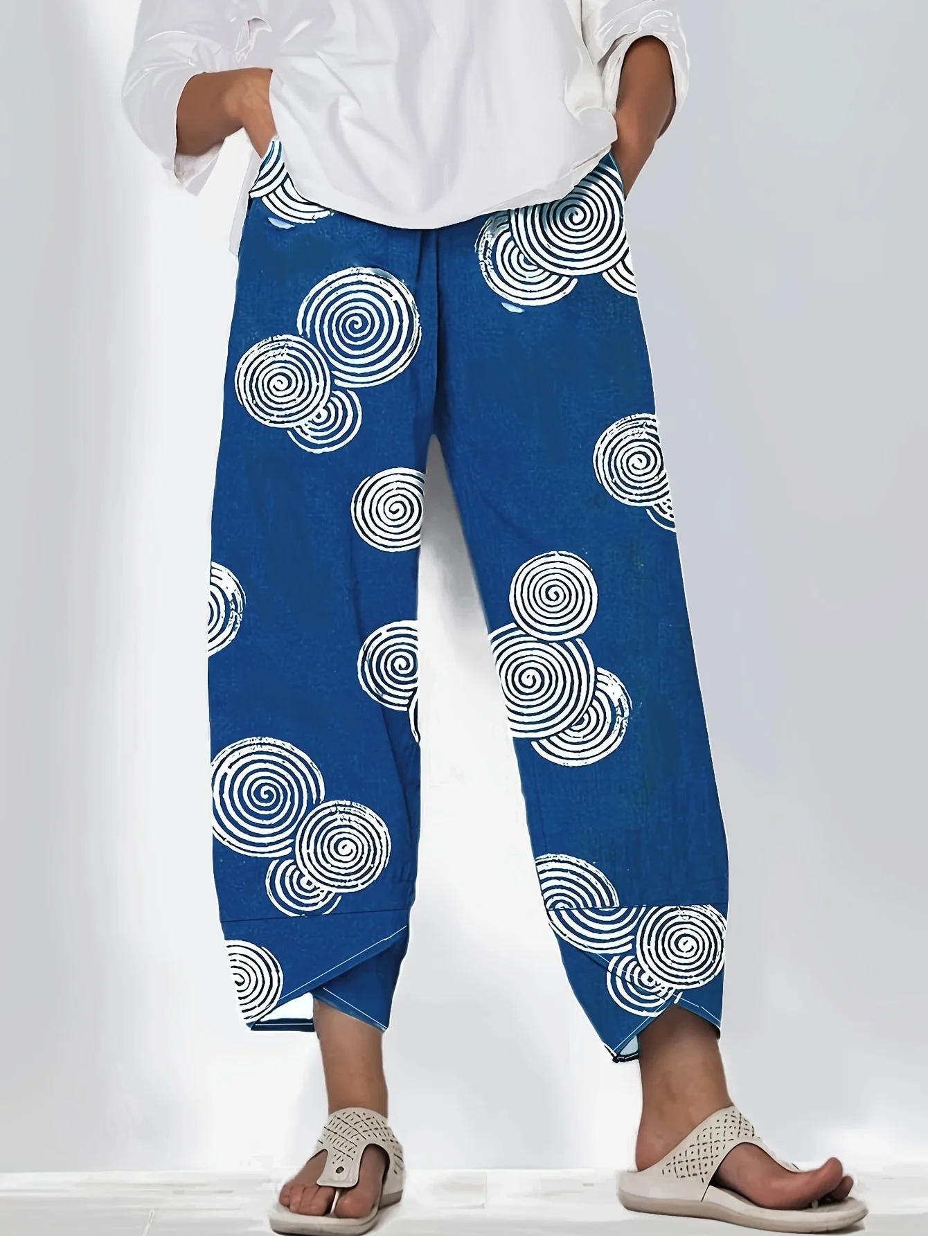 Damskie letnie spodnie plus size z nadrukiem Granatowy
