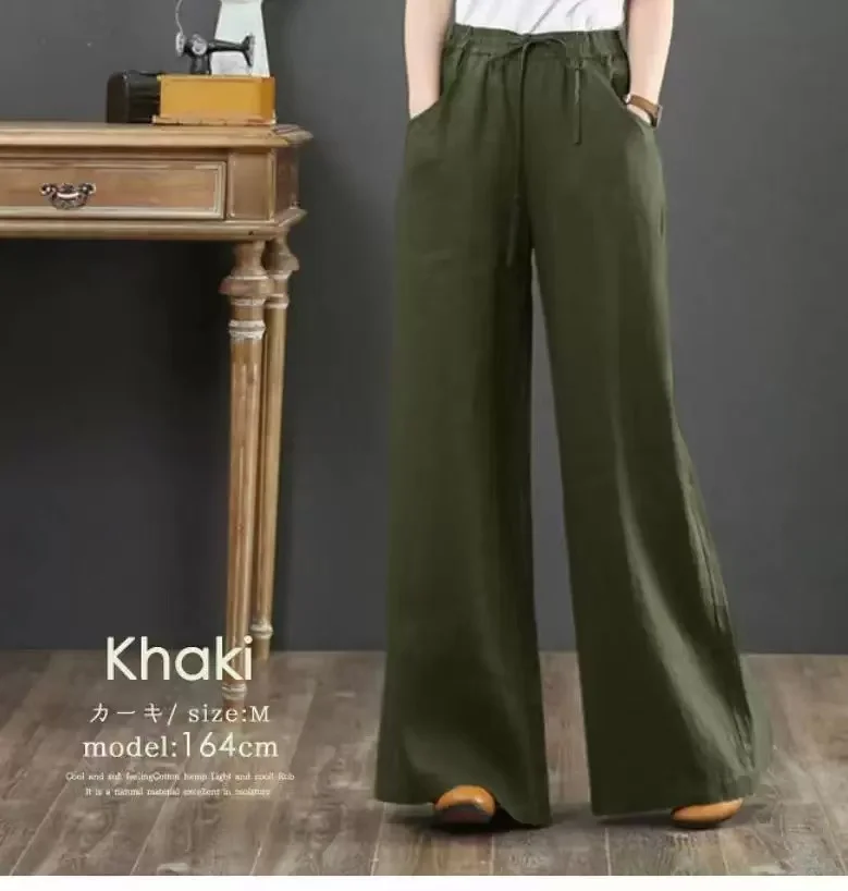Damskie lniane spodnie z szerokimi nogawkami vintage 5XL Ciemnozielony