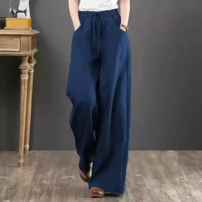 Damskie lniane spodnie z szerokimi nogawkami vintage 5XL Ciemny niebieski