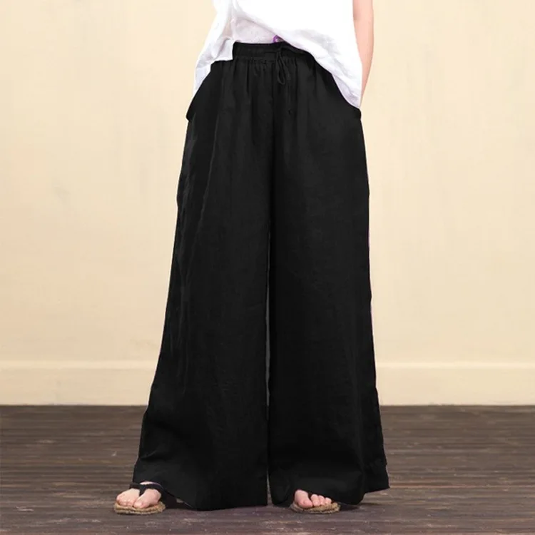 Damskie lniane spodnie z szerokimi nogawkami vintage 5XL Czarny
