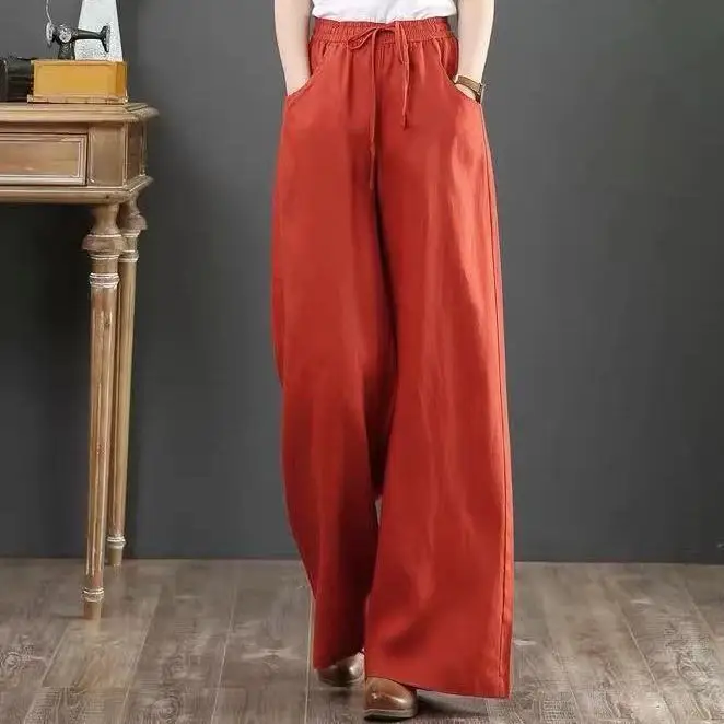 Damskie lniane spodnie z szerokimi nogawkami vintage 5XL Czekolada
