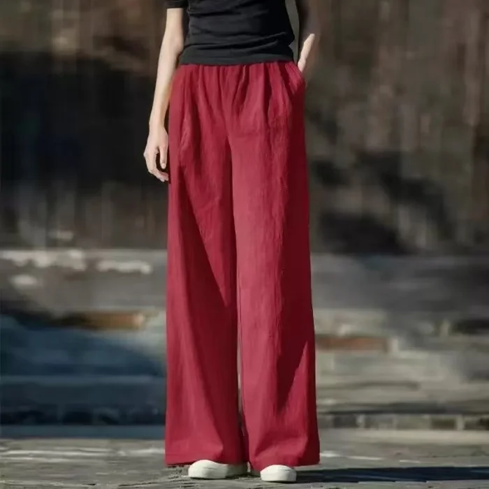 Damskie lniane spodnie z szerokimi nogawkami vintage 5XL Czerwony