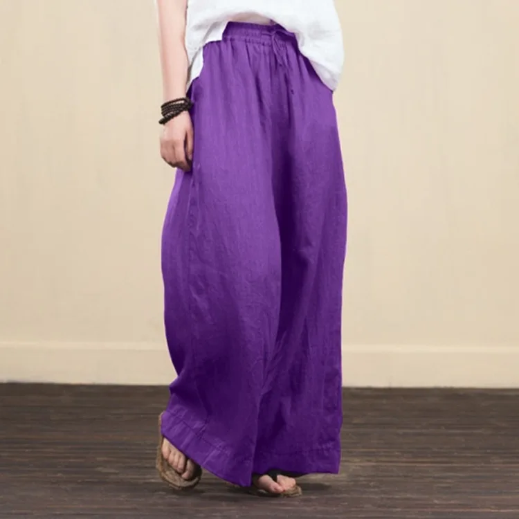 Damskie lniane spodnie z szerokimi nogawkami vintage 5XL Fioletowy