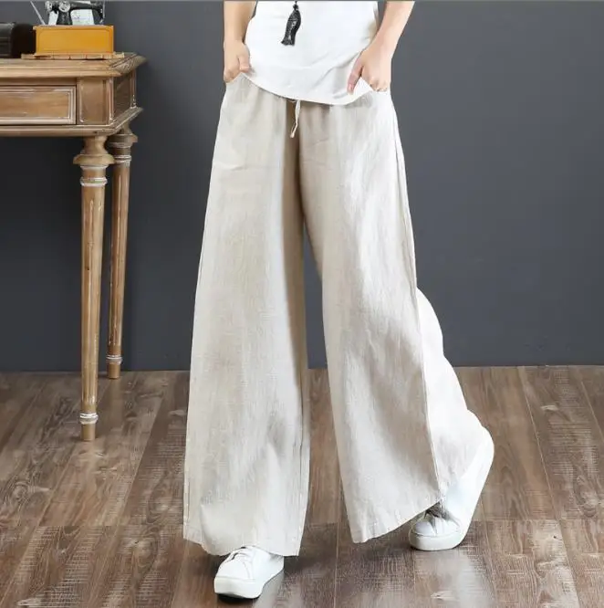 Damskie lniane spodnie z szerokimi nogawkami vintage 5XL Jasny żółty