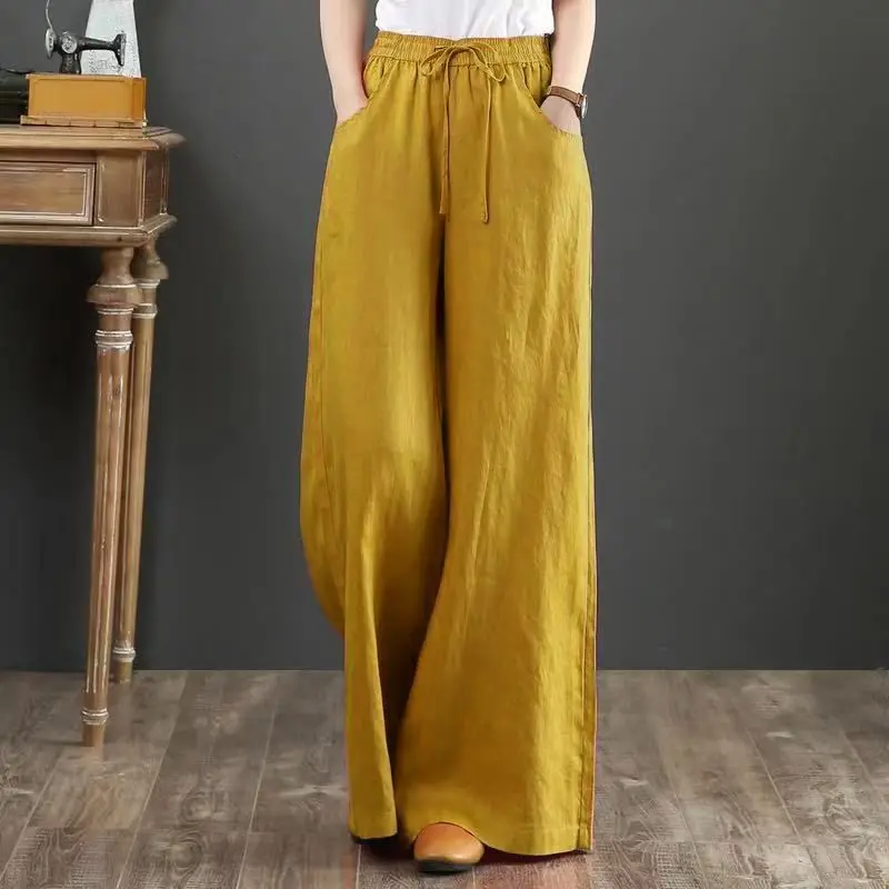 Damskie lniane spodnie z szerokimi nogawkami vintage 5XL Morela