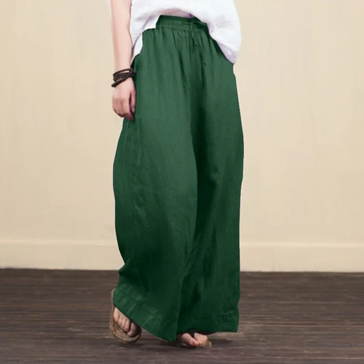 Damskie lniane spodnie z szerokimi nogawkami vintage 5XL Zielony