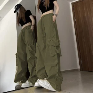 Damskie spodnie cargo plus size z wysokim stanem Armijna zieleń