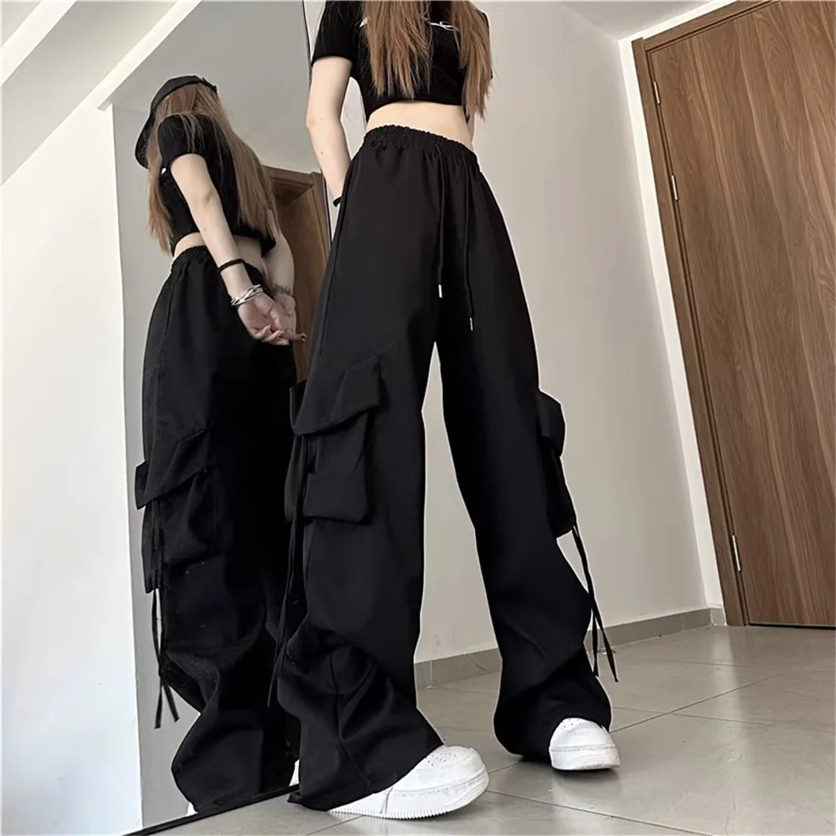 Damskie spodnie cargo plus size z wysokim stanem Czarny