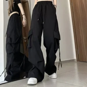 Damskie spodnie cargo ze sznurkiem w stylu koreańskim Y2K Czarny