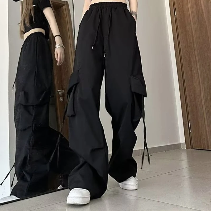 Damskie spodnie cargo ze sznurkiem w stylu koreańskim Y2K Czarny