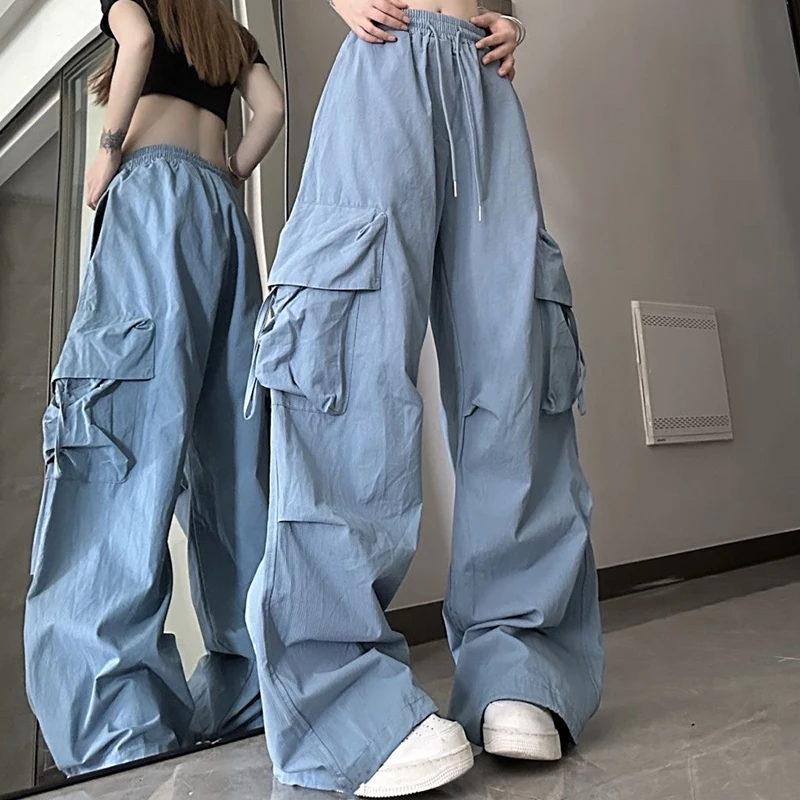 Damskie spodnie cargo ze sznurkiem w stylu koreańskim Y2K Niebieski