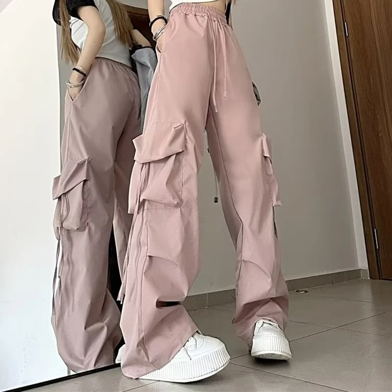 Damskie spodnie cargo ze sznurkiem w stylu koreańskim Y2K Różowy