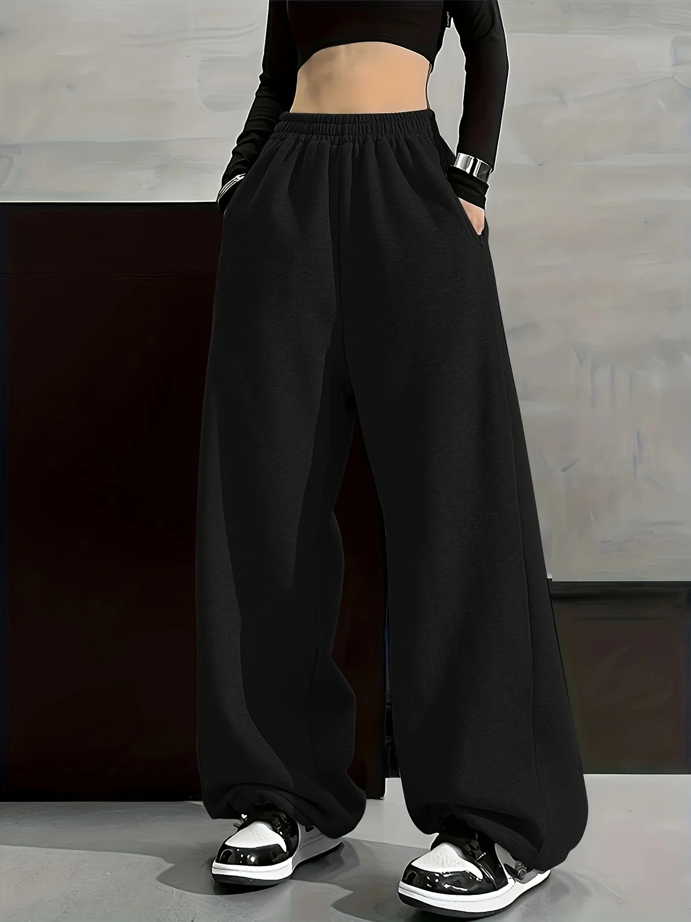 Damskie spodnie dresowe plus size szare oversize polar ciepłe Czarny